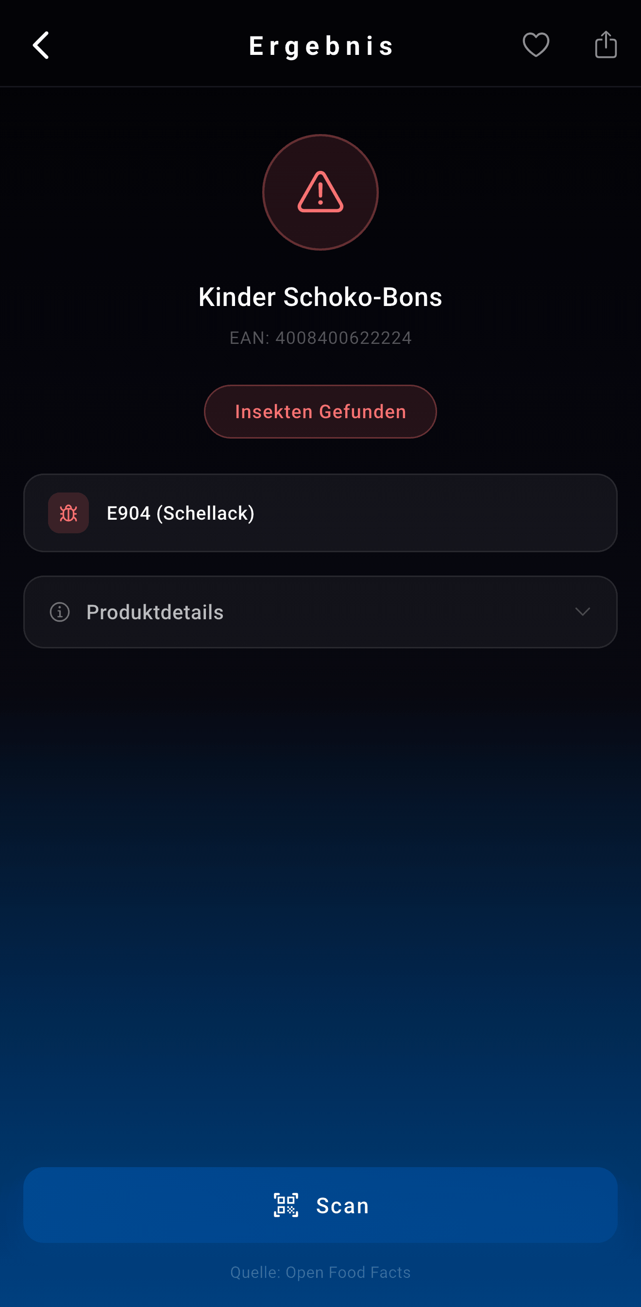 App-Screenshot: Produkt enthält Insekten