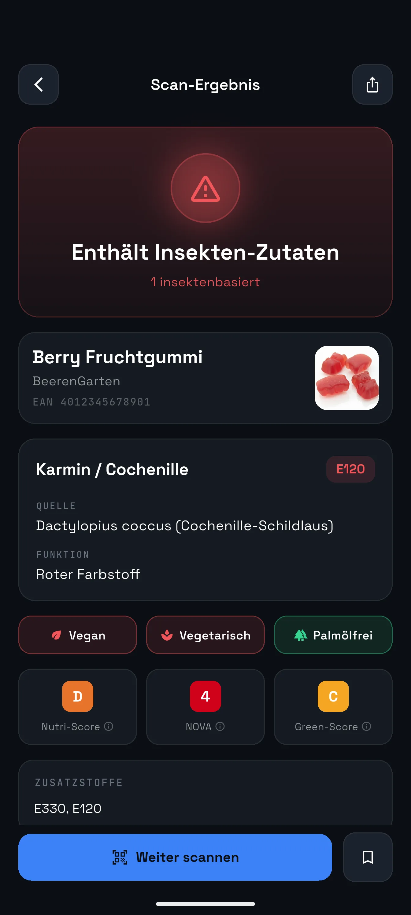 Scan-Ergebnis: enthält Insekten-Zutaten
