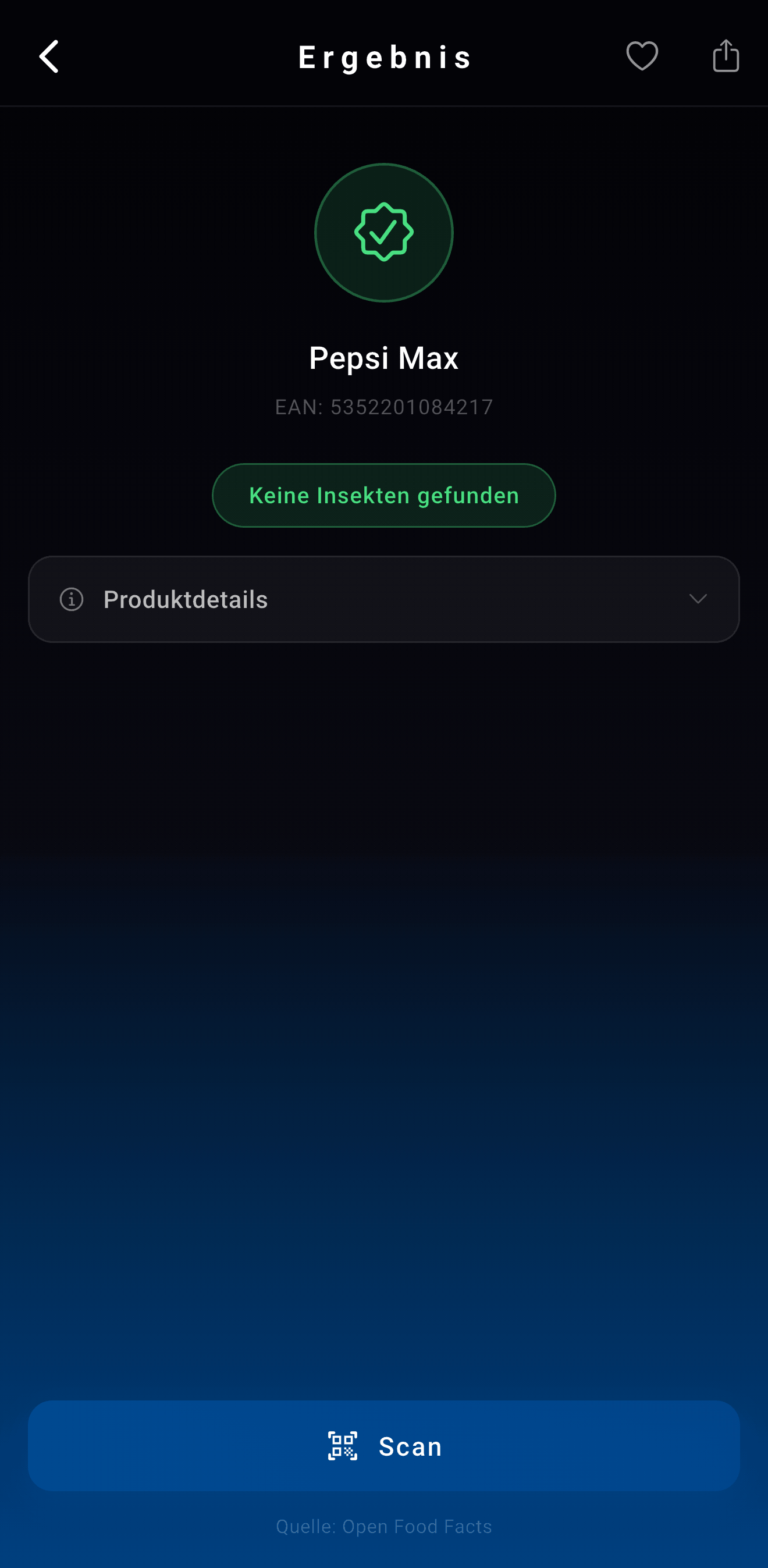 App-Screenshot: Produkt enthält keine Insekten