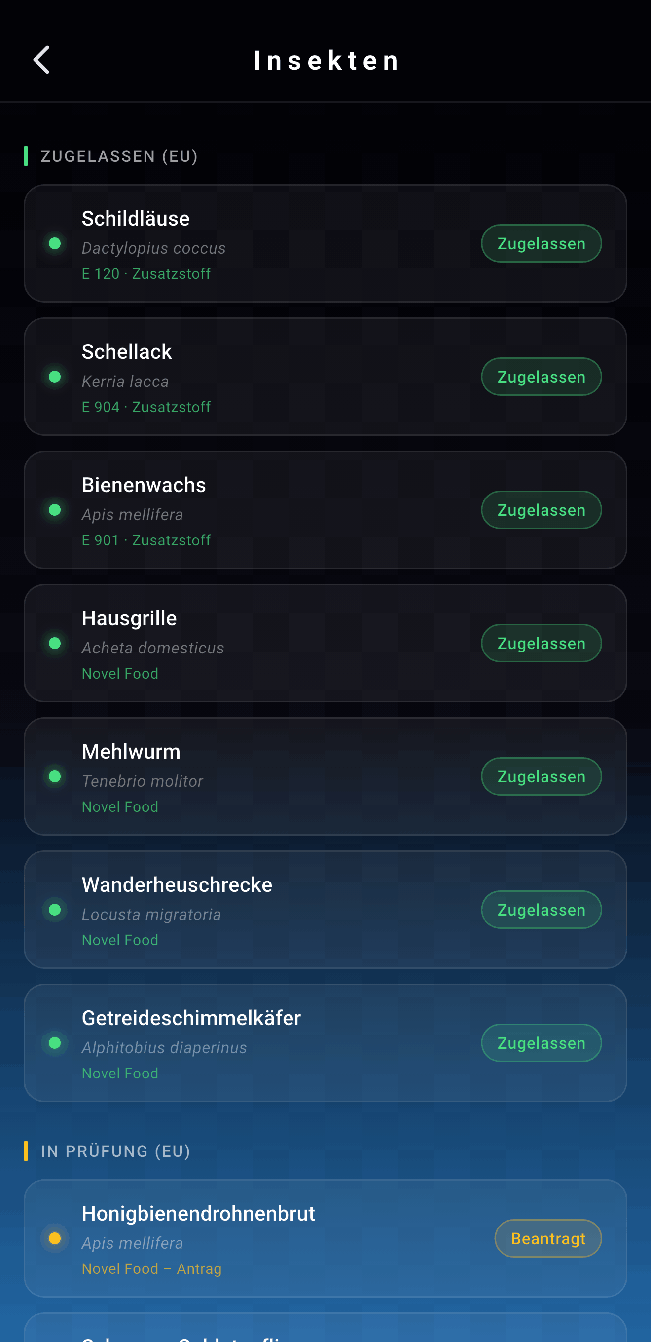 App screenshot: favourites list